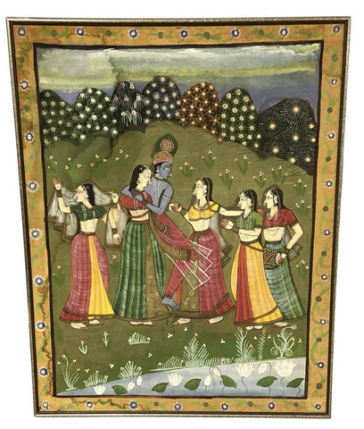 19th Century Indain Temple Painting of Krishna and the Gopis.