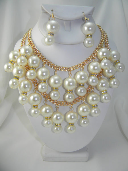 Pearl Bling Necklace and Earring Set Gold