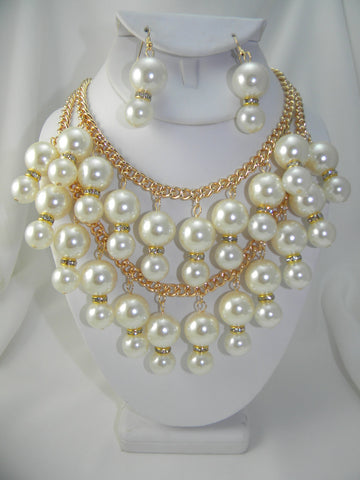 Pearl Bling Necklace and Earring Set Gold