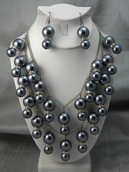 Bling Pearl Necklace and Earring Set Grey