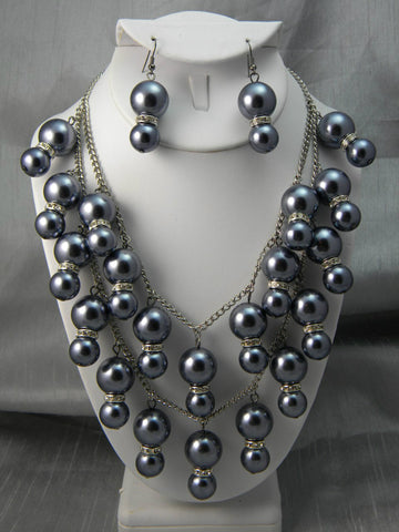 Bling Pearl Necklace and Earring Set Grey