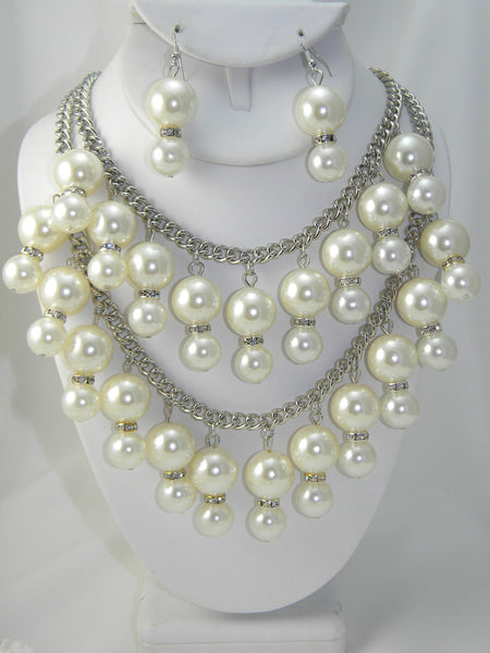 Bling Pearl Necklace and Earing Set Silver
