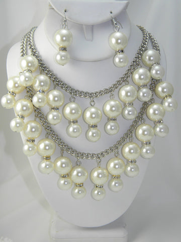 Bling Pearl Necklace and Earing Set Silver