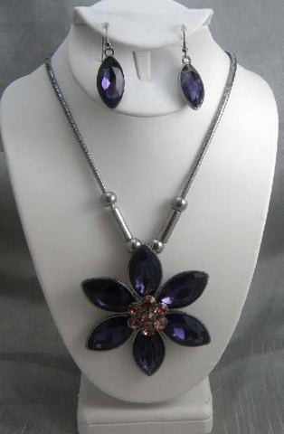 Purple Glass Flower Necklace and Earring Set